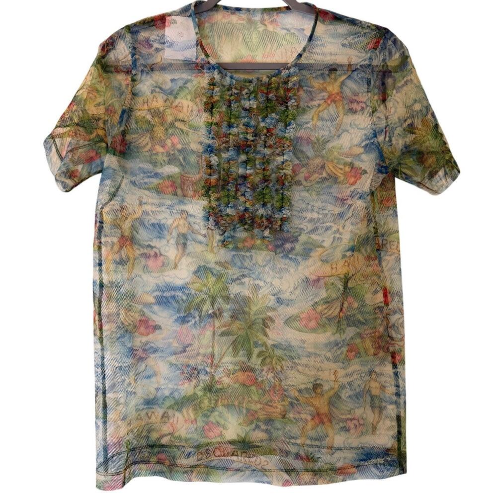 Dsquared2 Sheer Mesh Tulle Hawaii Print Short Sleeve Top XS NWOT $785 Rare 2018